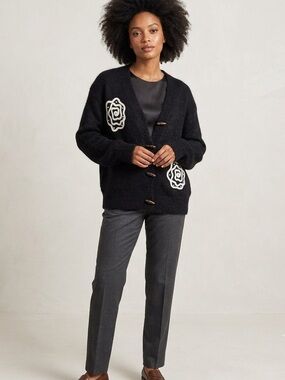 NWT S. Christina 100% Cashmere Cardigan Black Floral Detail